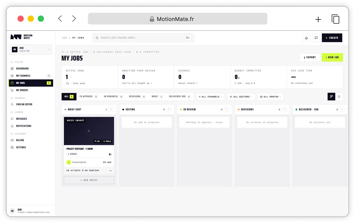 MotionMate — tableau de bord vidéaste de la web app